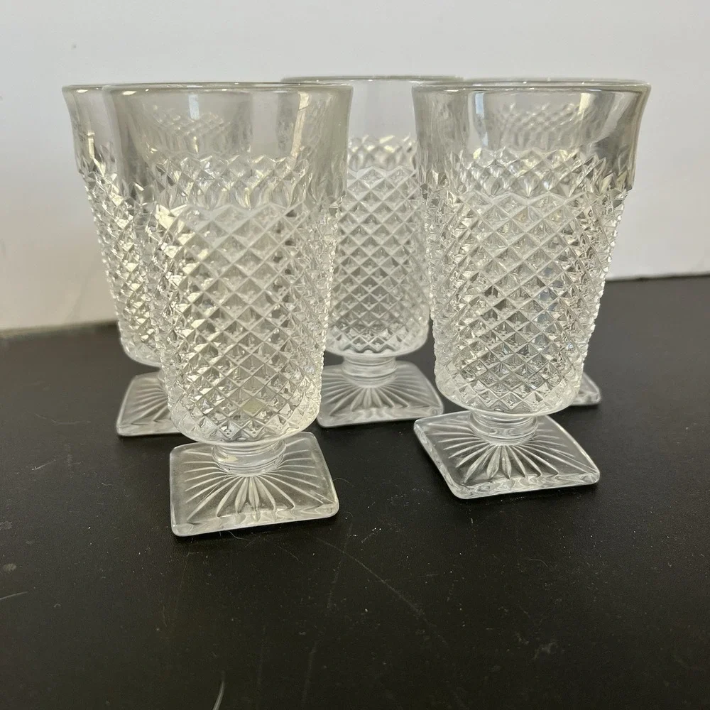 VTG Clear Diamond Point Pressed‎ Glass Footed Juice Glasses Set of 5 Square Base